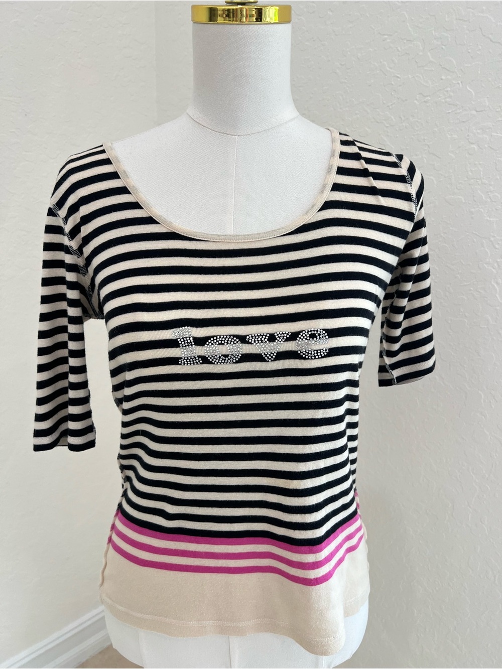 Sonia Rykiel Black Cream Striped Short Sleeve Top with Pink Hem